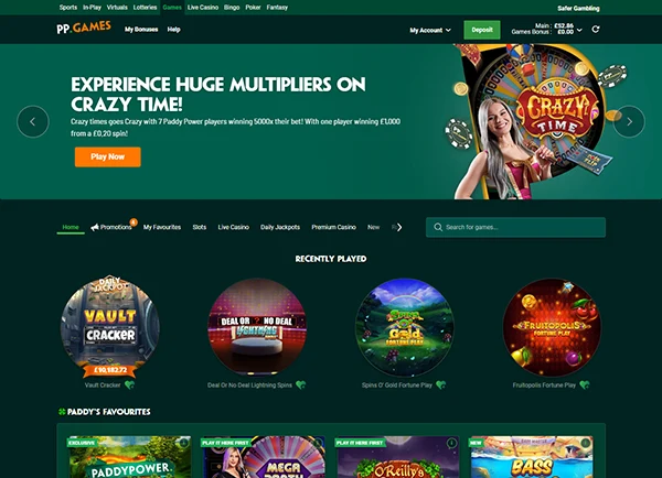Paddy Power Games homepage screenshot